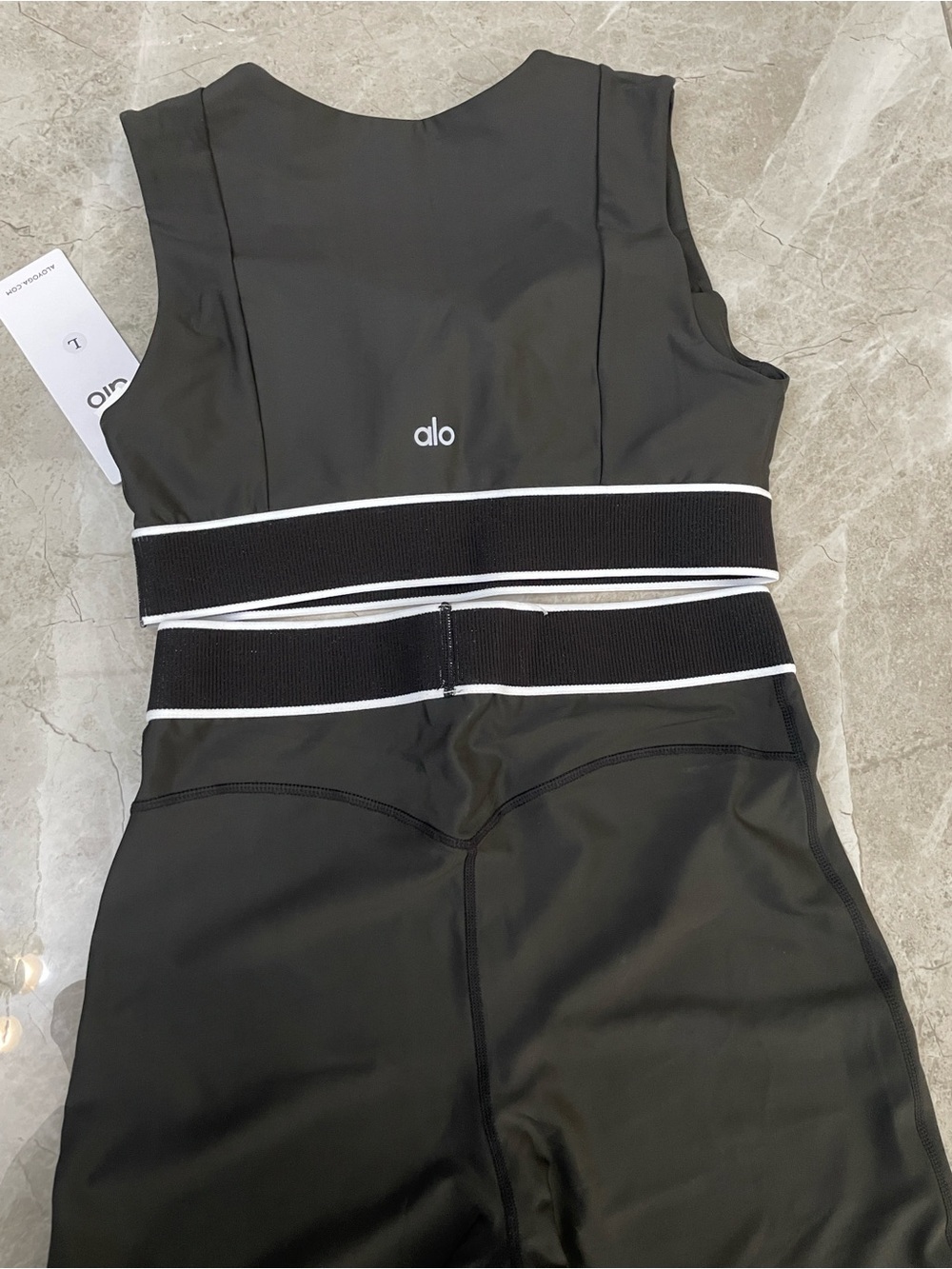 ALO Yoga Black Legging and Crop Top Set with White Trim - Picture 4 of 4